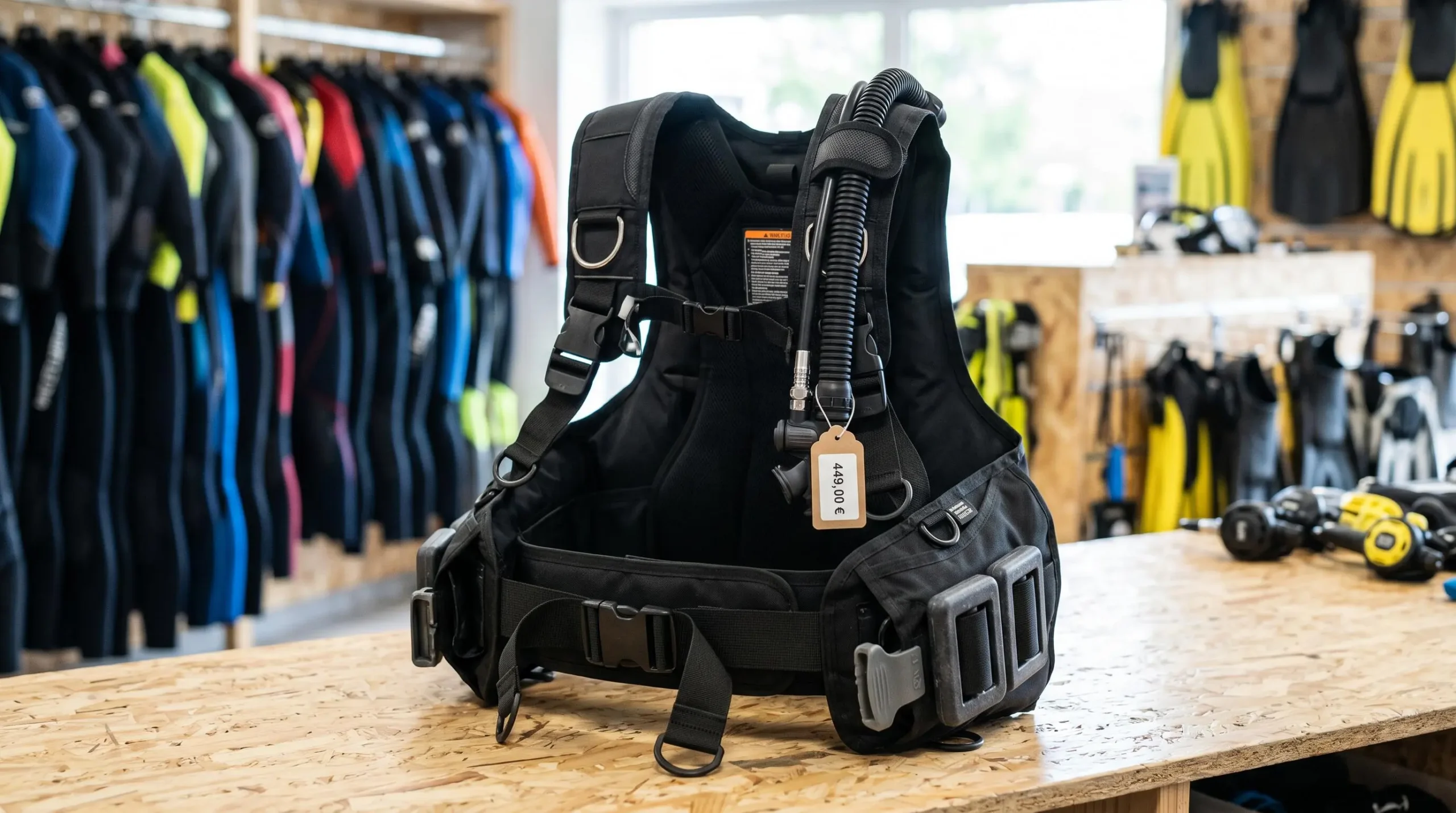 Gilet stabilisateur enveloppant de plongée posé sur un comptoir de magasin spécialisé, montrant inflateur, sangles réglables et système de purge