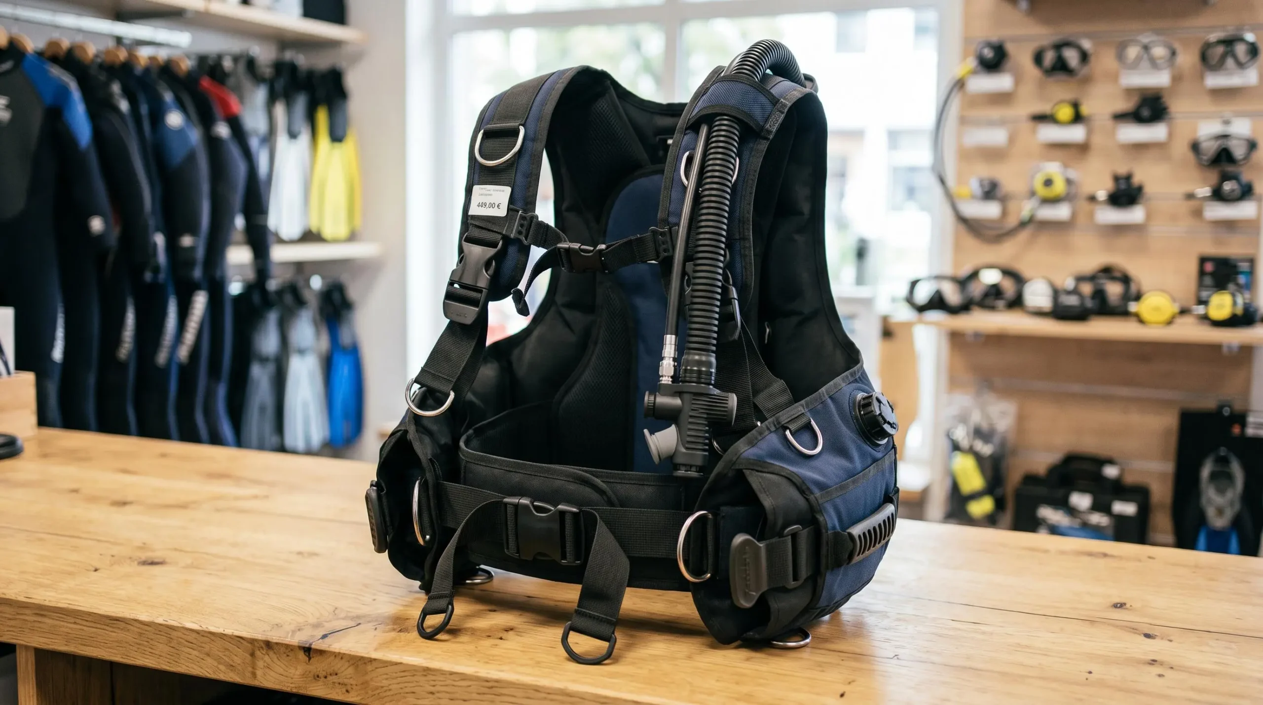 Gilet stabilisateur enveloppant de plongée posé sur un comptoir de magasin spécialisé, montrant inflateur, sangles réglables et système de purge