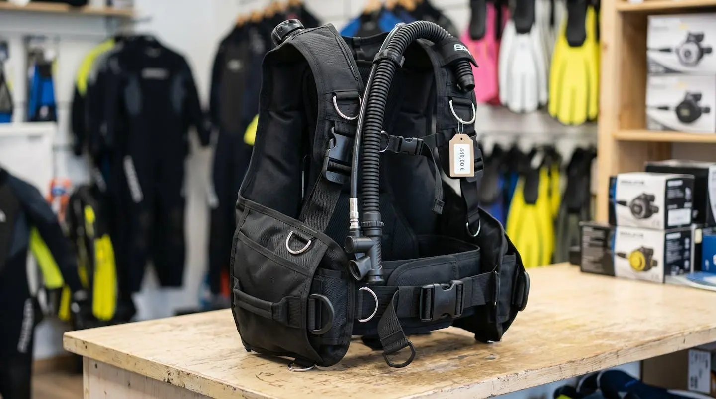 Gilet stabilisateur enveloppant de plongée posé sur un comptoir de magasin spécialisé, montrant inflateur, sangles réglables et système de purge