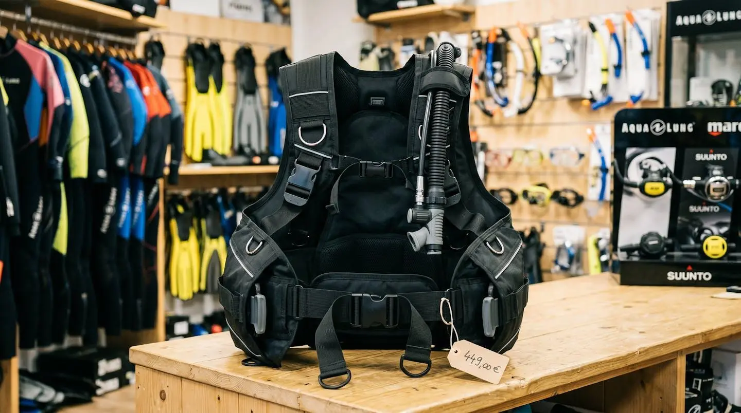 Gilet stabilisateur enveloppant de plongée posé sur un comptoir de magasin spécialisé, montrant inflateur, sangles réglables et système de purge