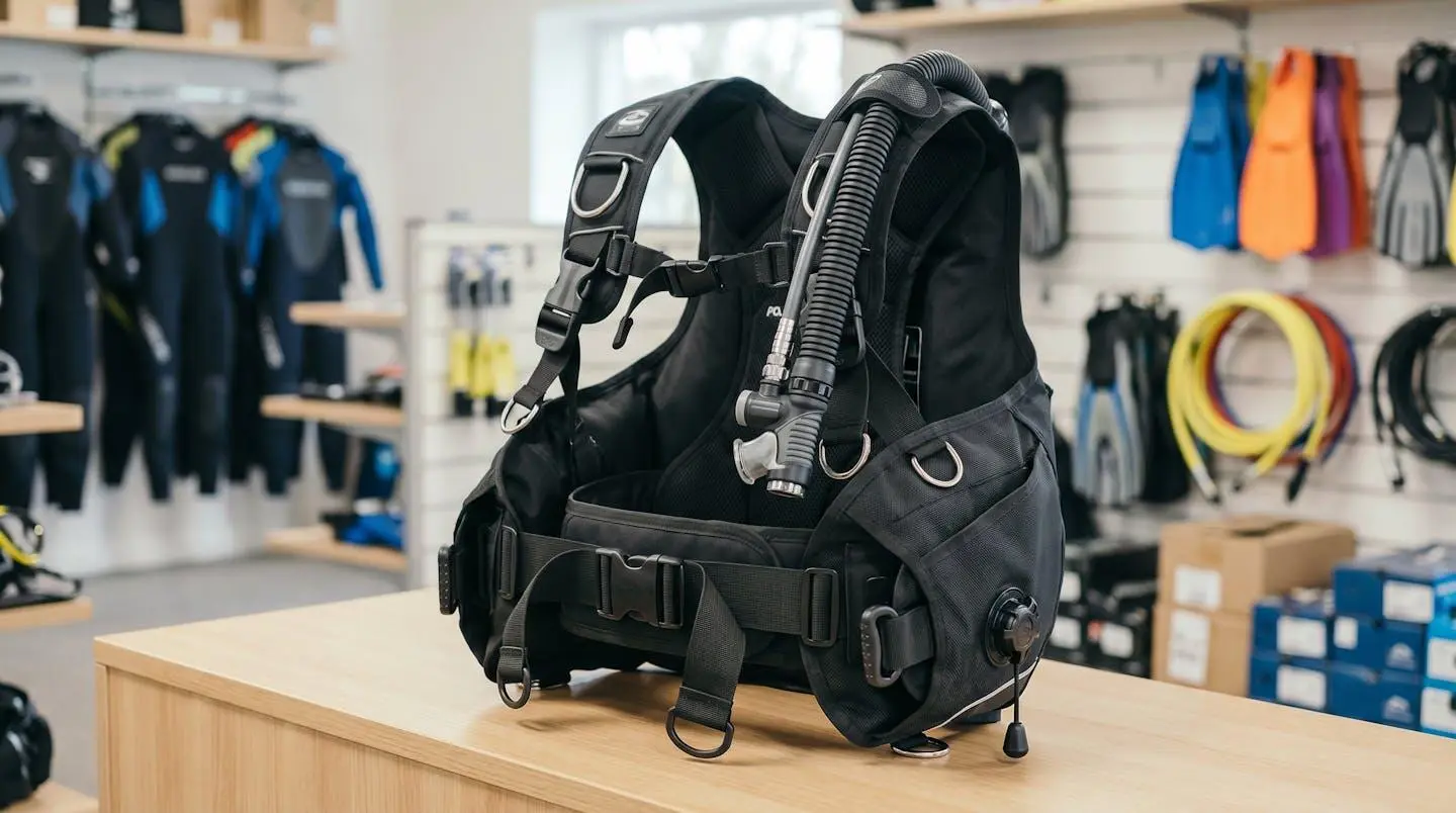 Gilet stabilisateur enveloppant de plongée posé sur un comptoir de magasin spécialisé, montrant inflateur, sangles réglables et système de purge