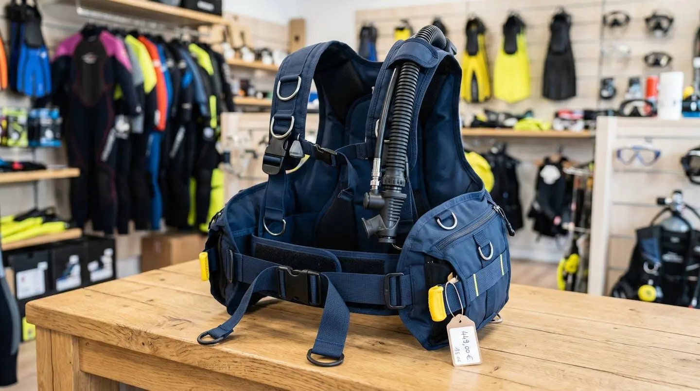 Gilet stabilisateur enveloppant de plongée posé sur un comptoir de magasin spécialisé, montrant inflateur, sangles réglables et système de purge