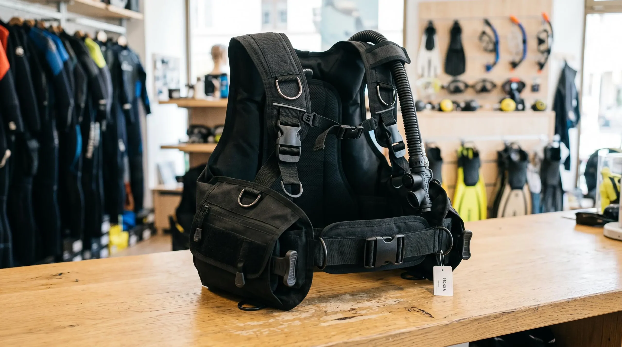 Gilet stabilisateur enveloppant de plongée posé sur un comptoir de magasin spécialisé, montrant inflateur, sangles réglables et système de purge