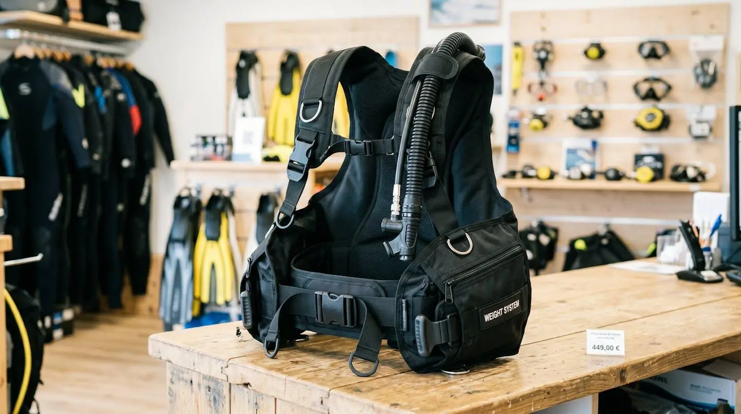 Gilet stabilisateur enveloppant de plongée posé sur un comptoir de magasin spécialisé, montrant inflateur, sangles réglables et système de purge