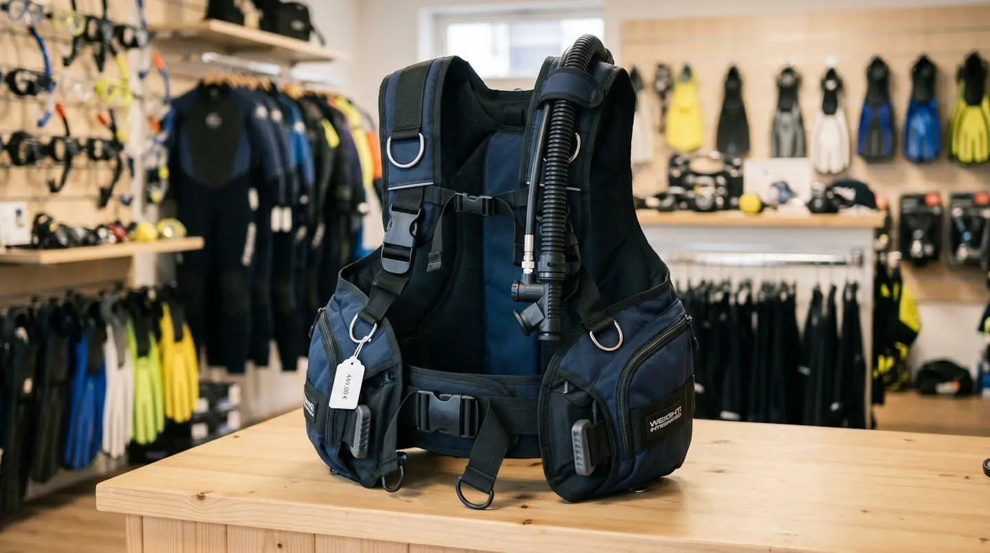 Gilet stabilisateur enveloppant de plongée posé sur un comptoir de magasin spécialisé, montrant inflateur, sangles réglables et système de purge