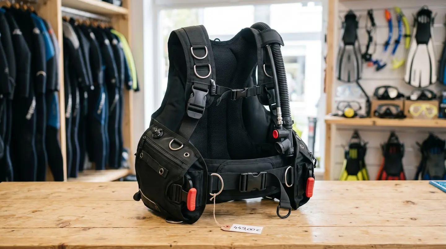 Gilet stabilisateur enveloppant de plongée posé sur un comptoir de magasin spécialisé, montrant inflateur, sangles réglables et système de purge