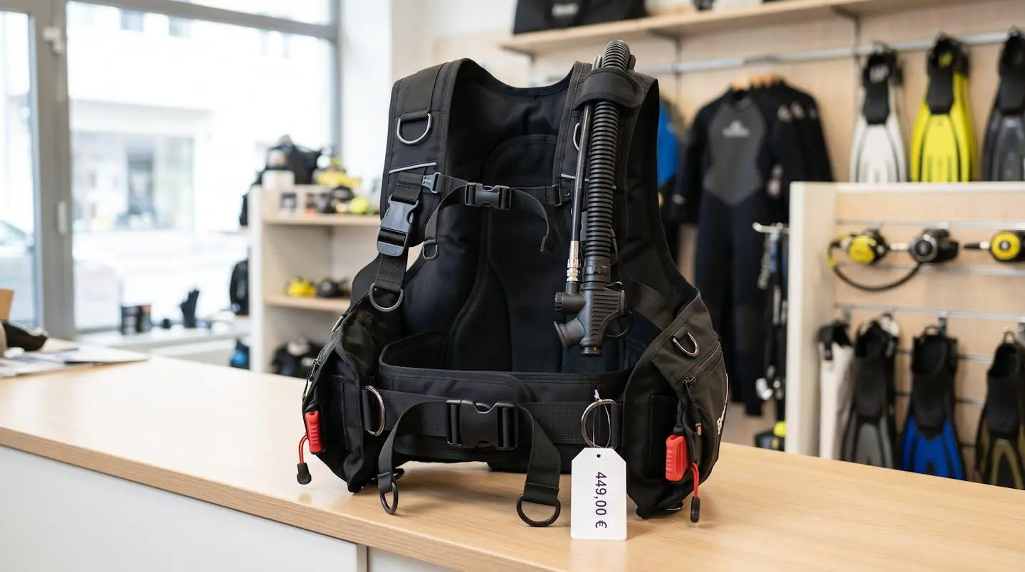 Gilet stabilisateur enveloppant de plongée posé sur un comptoir de magasin spécialisé, montrant inflateur, sangles réglables et système de purge