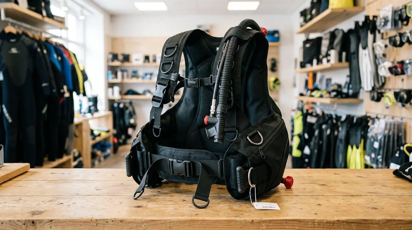 Gilet stabilisateur enveloppant de plongée posé sur un comptoir de magasin spécialisé, montrant inflateur, sangles réglables et système de purge