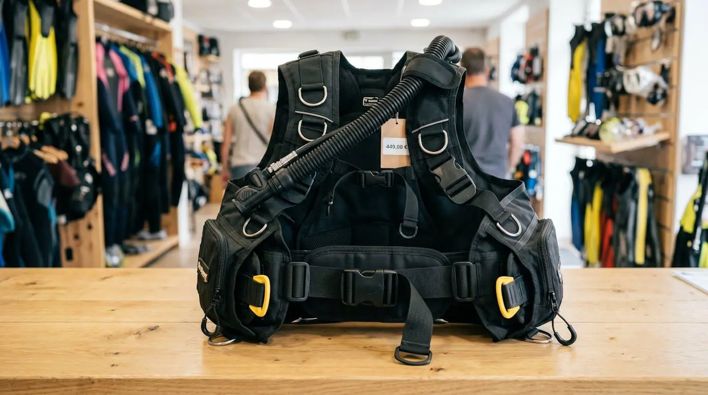 Gilet stabilisateur enveloppant de plongée posé sur un comptoir de magasin spécialisé, montrant inflateur, sangles réglables et système de purge