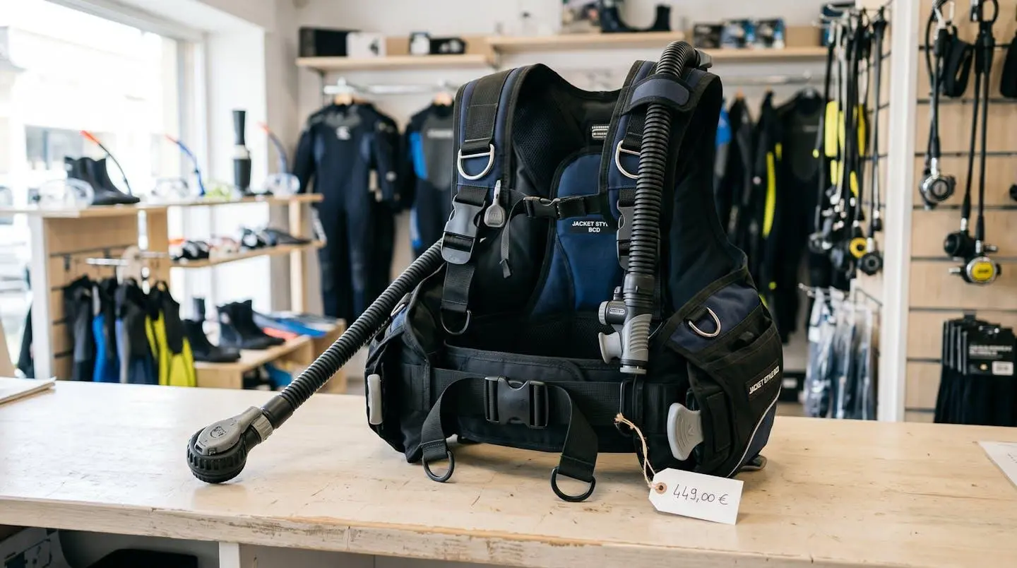 Gilet stabilisateur enveloppant de plongée posé sur un comptoir de magasin spécialisé, montrant inflateur, sangles réglables et système de purge