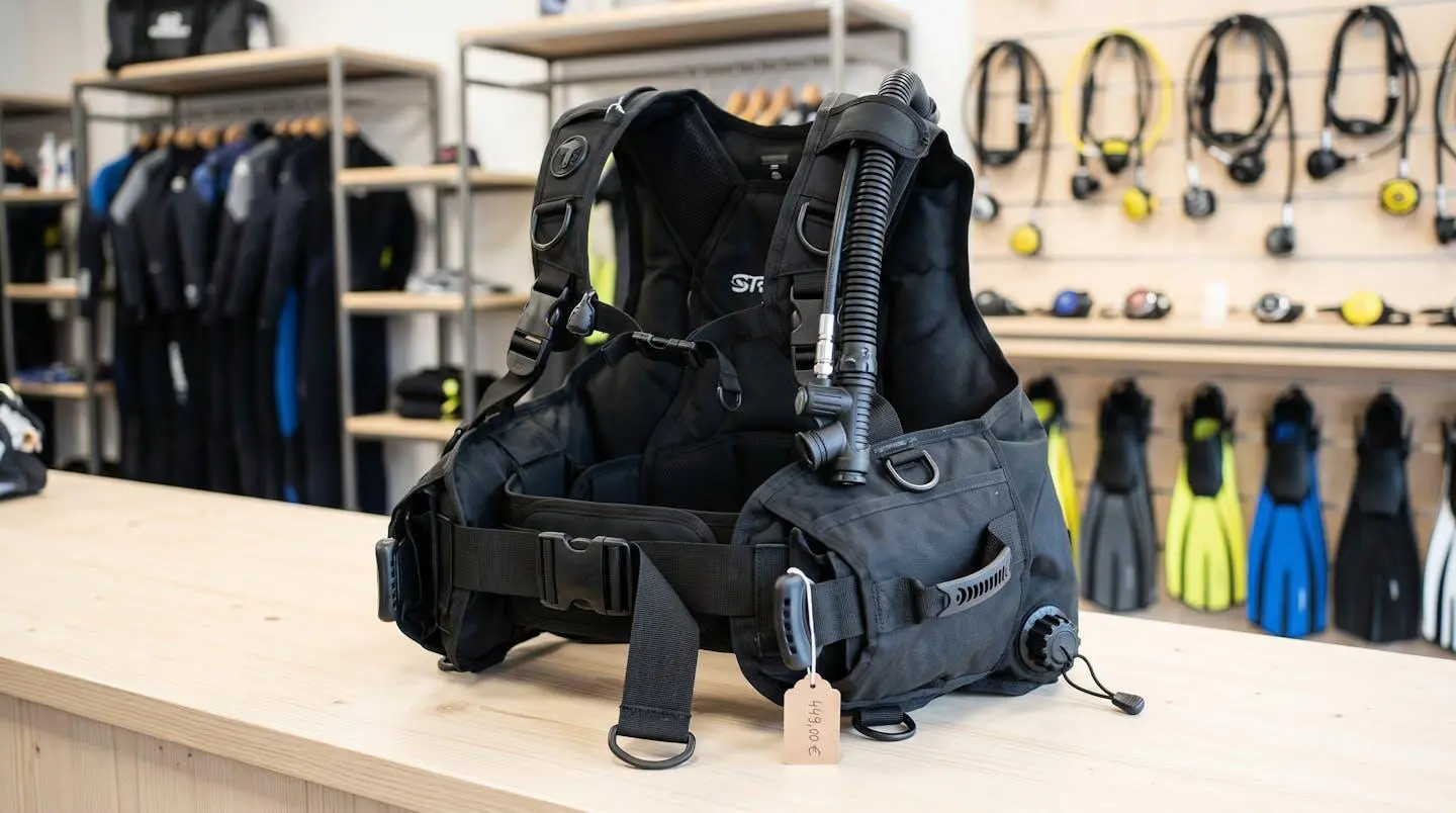 Gilet stabilisateur enveloppant de plongée posé sur un comptoir de magasin spécialisé, montrant inflateur, sangles réglables et système de purge