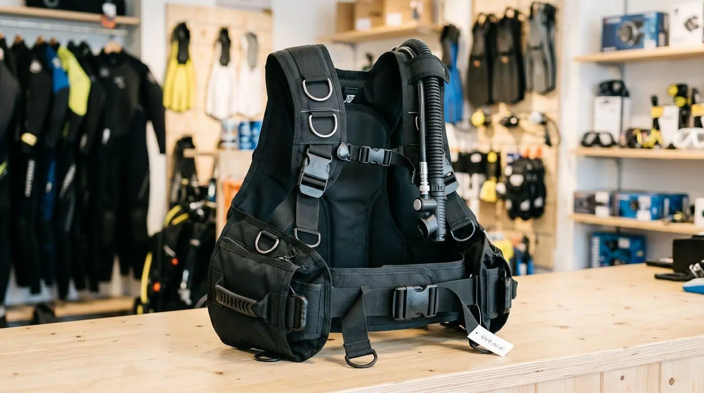 Gilet stabilisateur enveloppant de plongée posé sur un comptoir de magasin spécialisé, montrant inflateur, sangles réglables et système de purge