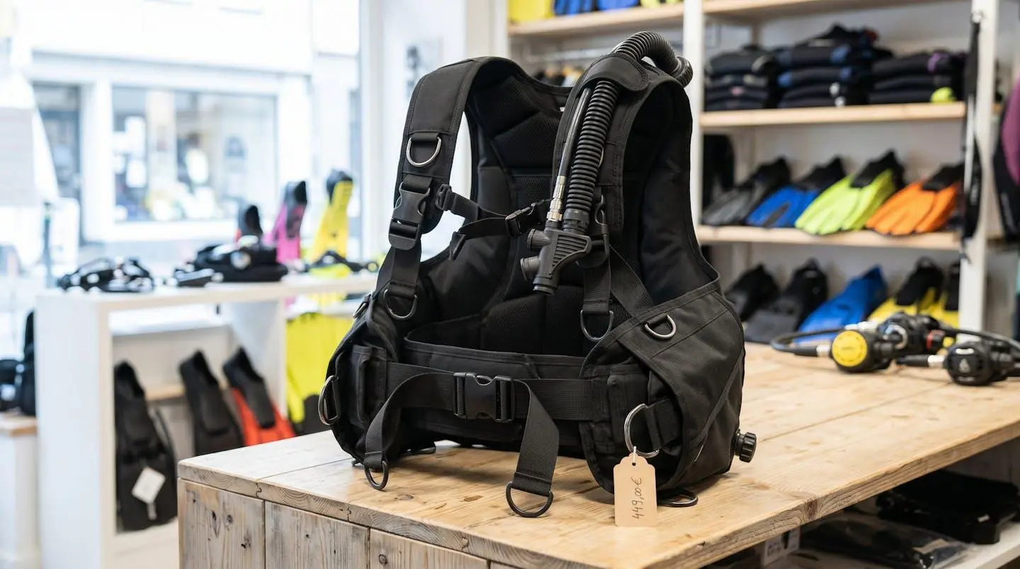 Gilet stabilisateur enveloppant de plongée posé sur un comptoir de magasin spécialisé, montrant inflateur, sangles réglables et système de purge