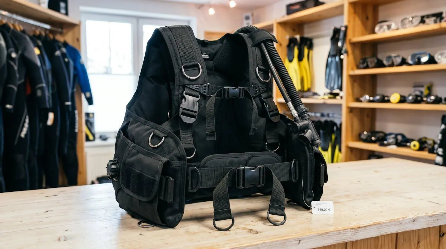 Gilet stabilisateur enveloppant de plongée posé sur un comptoir de magasin spécialisé, montrant inflateur, sangles réglables et système de purge