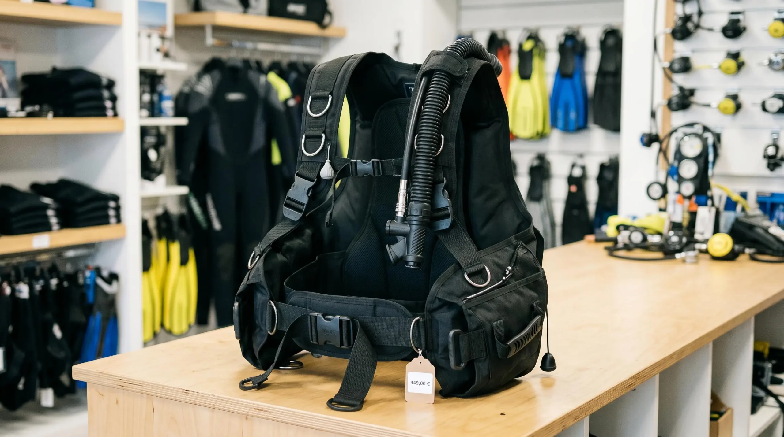 Gilet stabilisateur enveloppant de plongée posé sur un comptoir de magasin spécialisé, montrant inflateur, sangles réglables et système de purge