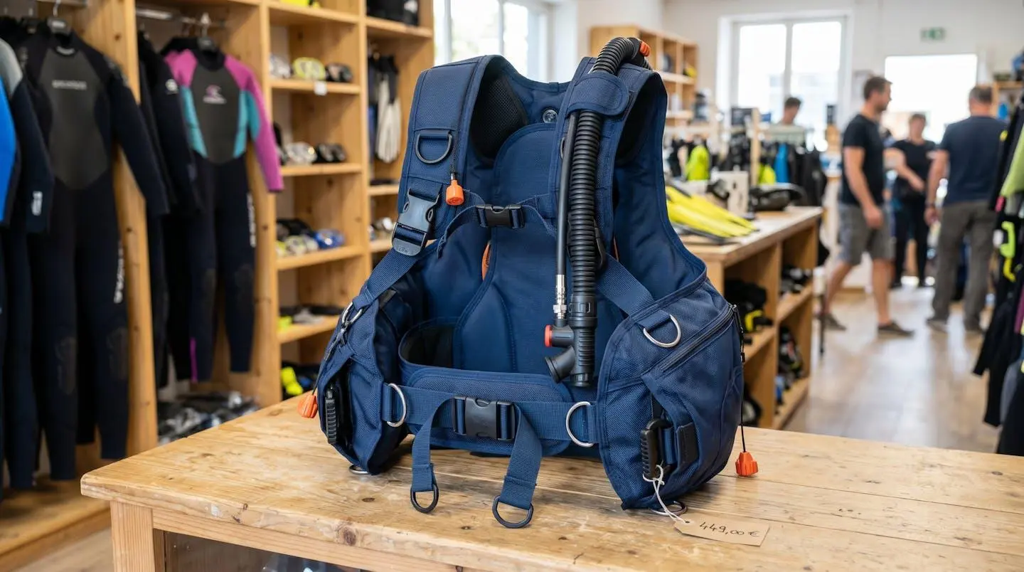 Gilet stabilisateur enveloppant de plongée posé sur un comptoir de magasin spécialisé, montrant inflateur, sangles réglables et système de purge