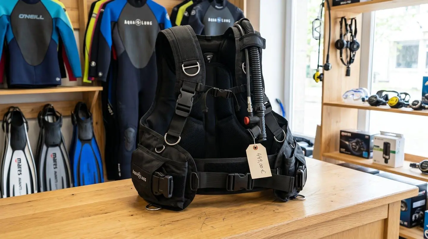 Gilet stabilisateur enveloppant de plongée posé sur un comptoir de magasin spécialisé, montrant inflateur, sangles réglables et système de purge