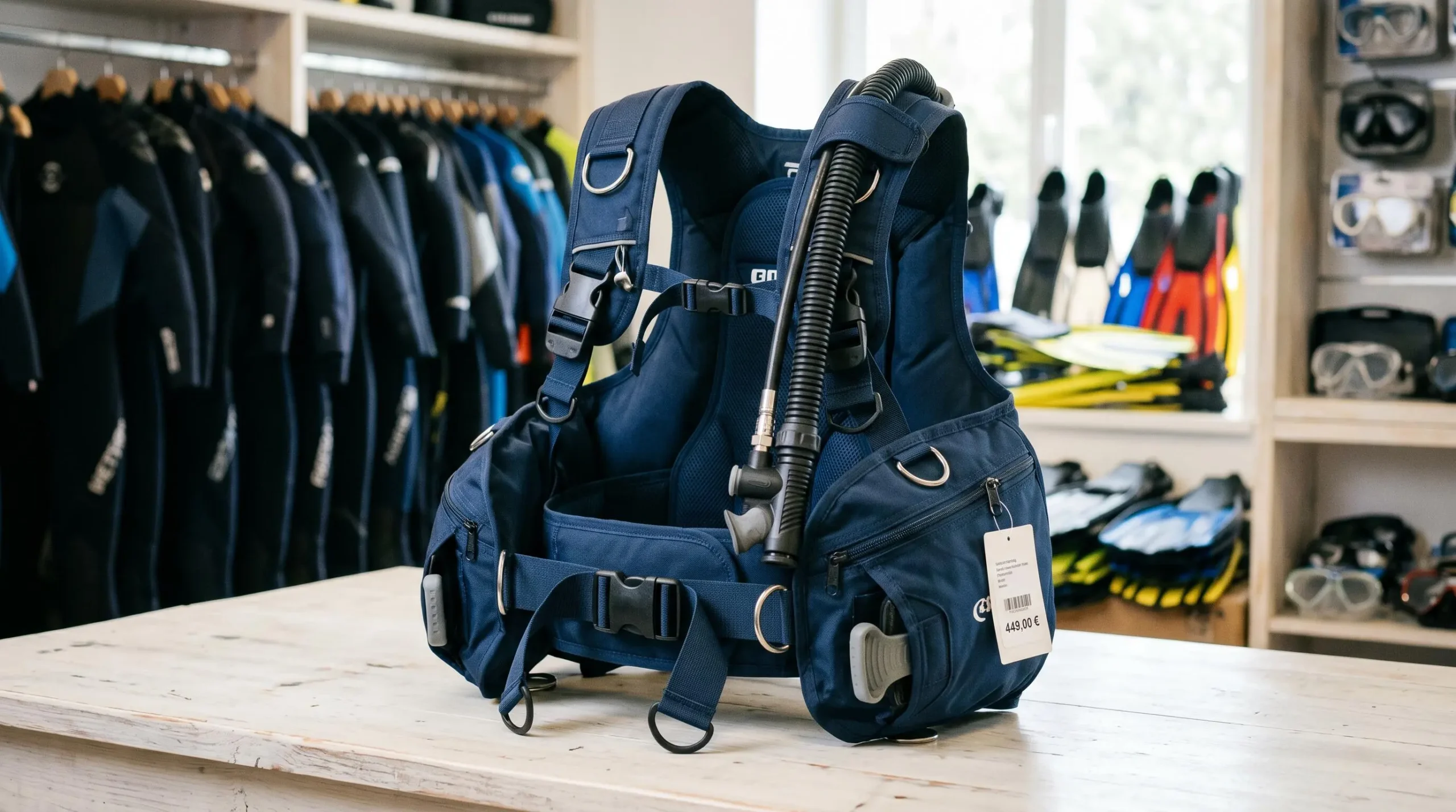 Gilet stabilisateur enveloppant de plongée posé sur un comptoir de magasin spécialisé, montrant inflateur, sangles réglables et système de purge