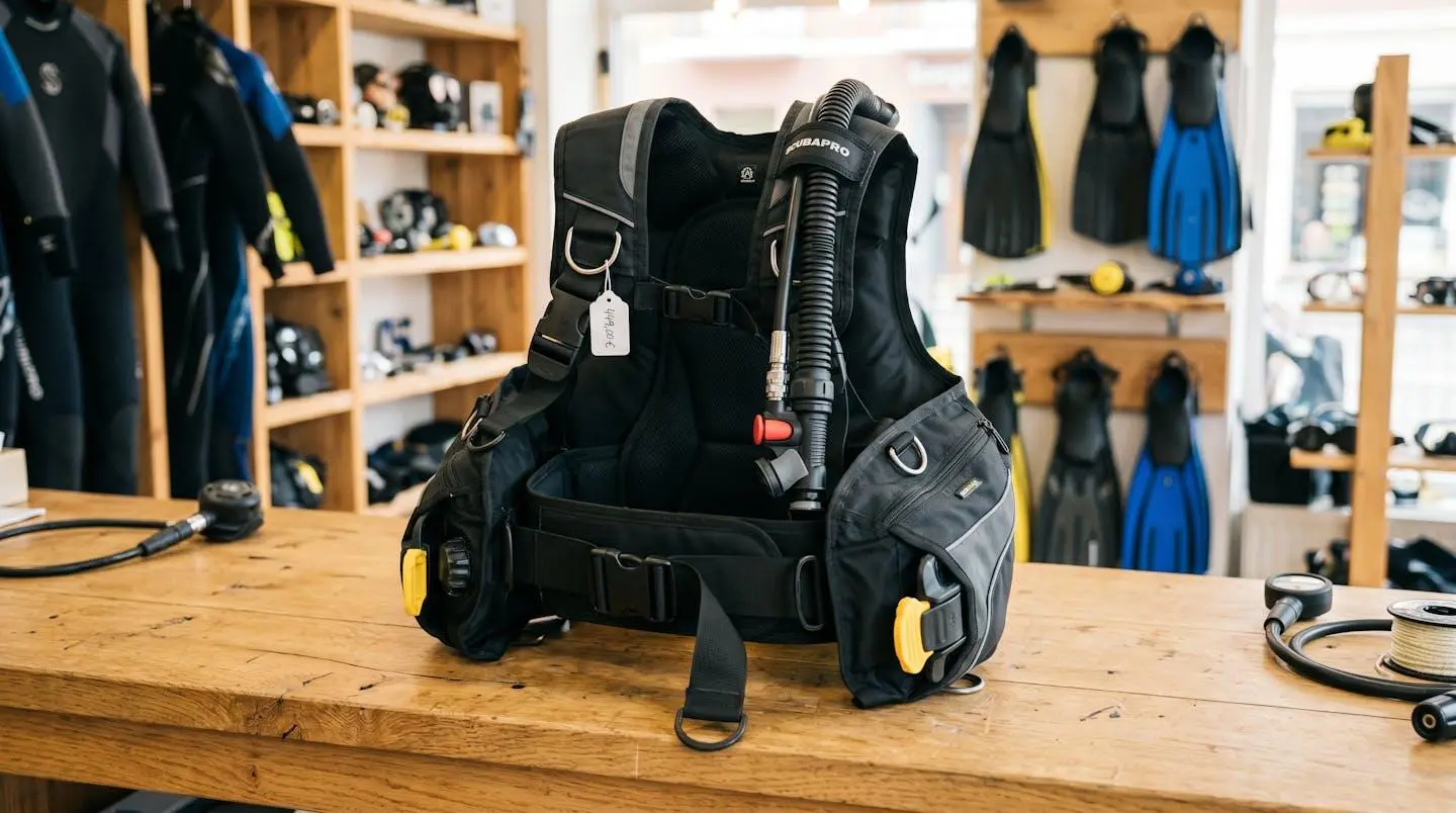Gilet stabilisateur enveloppant de plongée posé sur un comptoir de magasin spécialisé, montrant inflateur, sangles réglables et système de purge