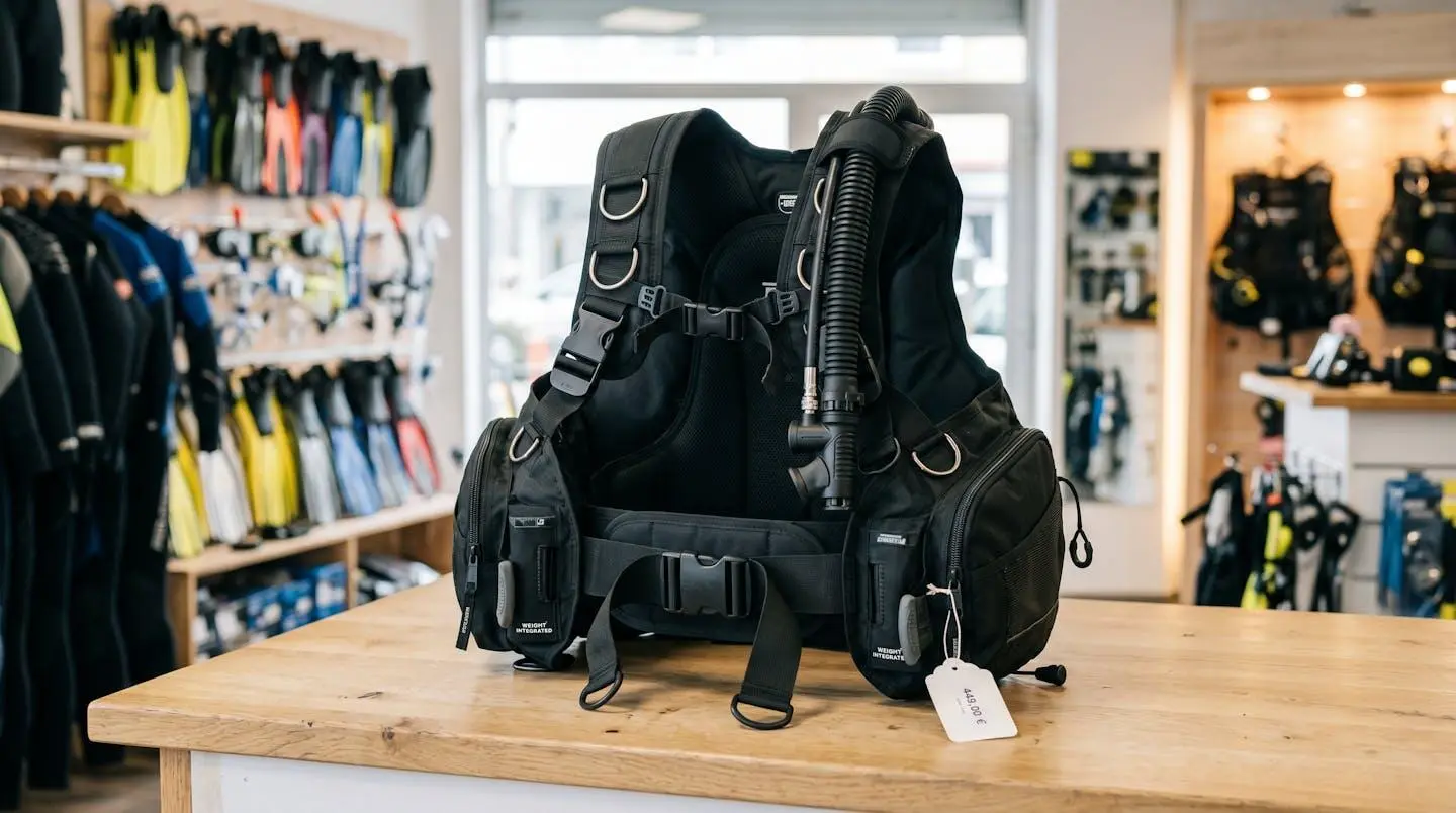 Gilet stabilisateur enveloppant de plongée posé sur un comptoir de magasin spécialisé, montrant inflateur, sangles réglables et système de purge
