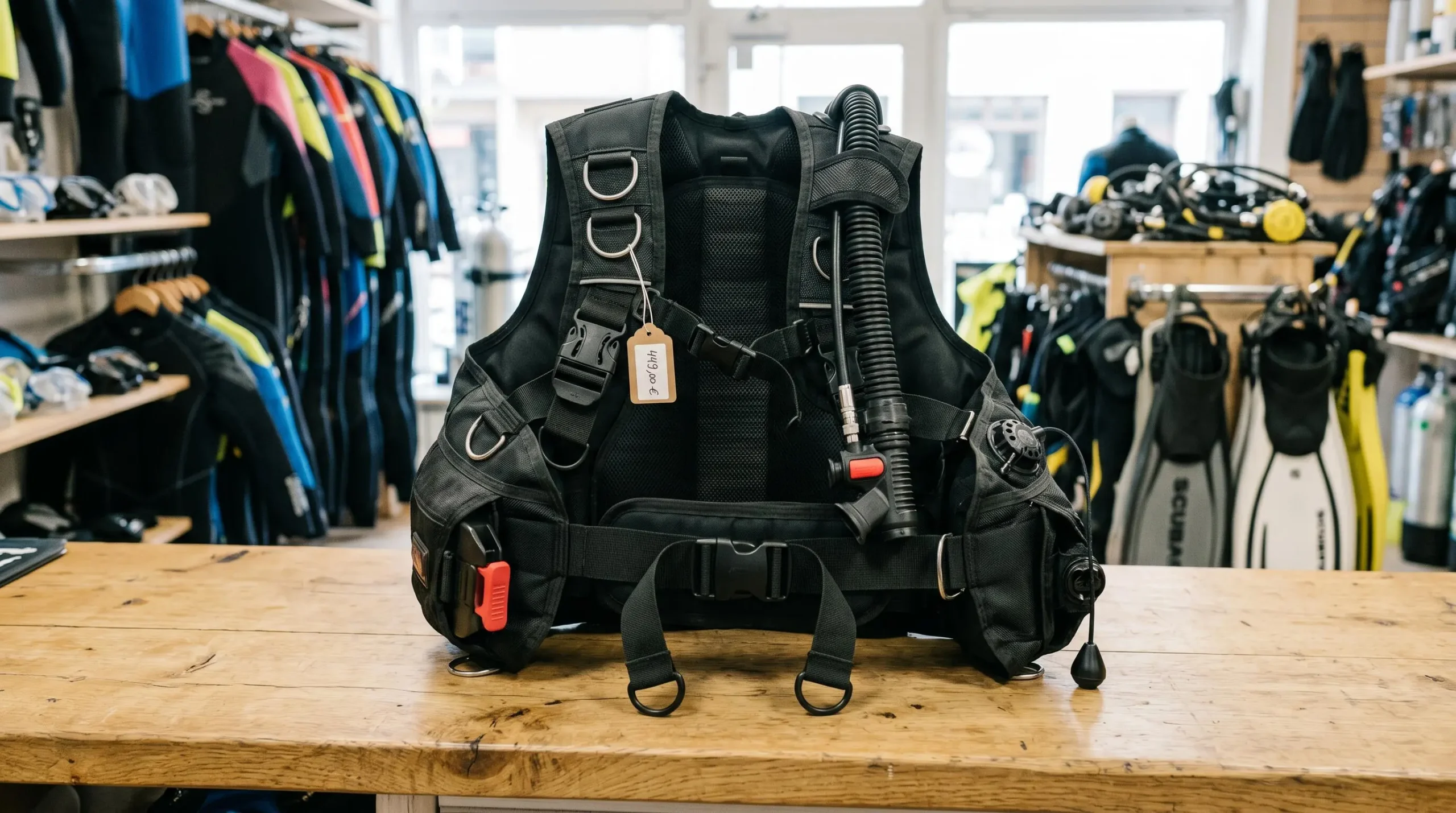 Gilet stabilisateur enveloppant de plongée posé sur un comptoir de magasin spécialisé, montrant inflateur, sangles réglables et système de purge