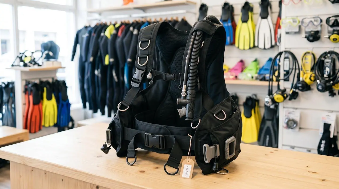 Gilet stabilisateur enveloppant de plongée posé sur un comptoir de magasin spécialisé, montrant inflateur, sangles réglables et système de purge
