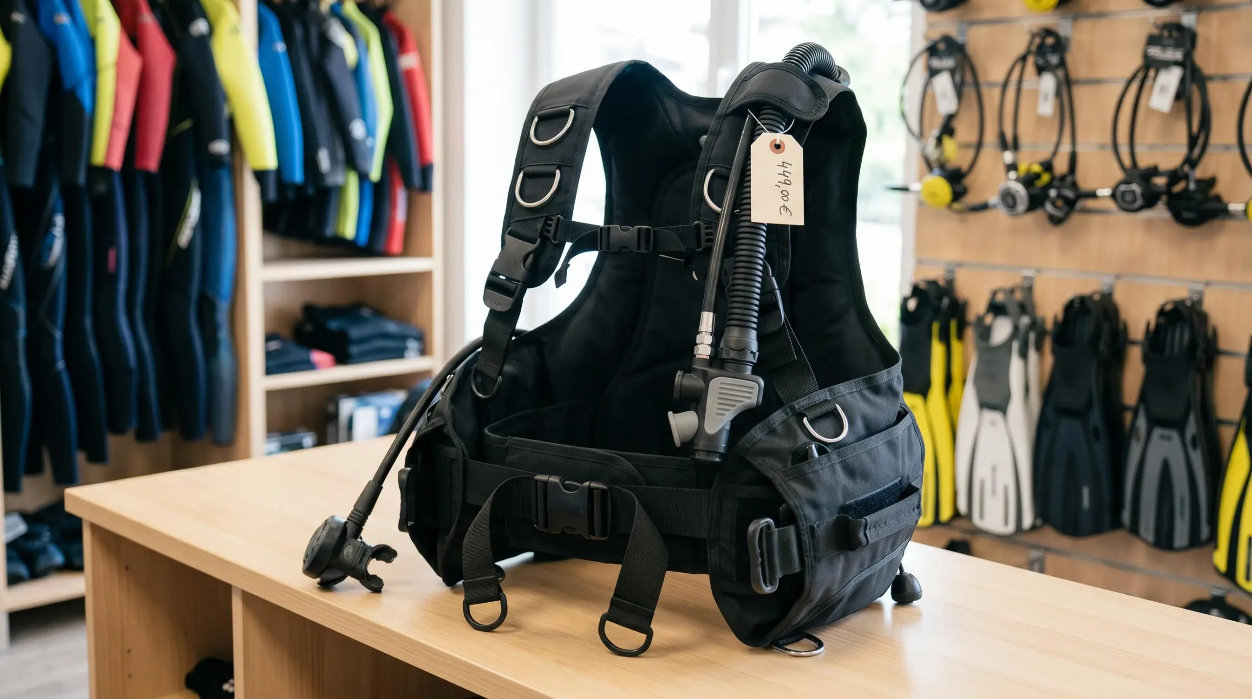 Gilet stabilisateur enveloppant de plongée posé sur un comptoir de magasin spécialisé, montrant inflateur, sangles réglables et système de purge
