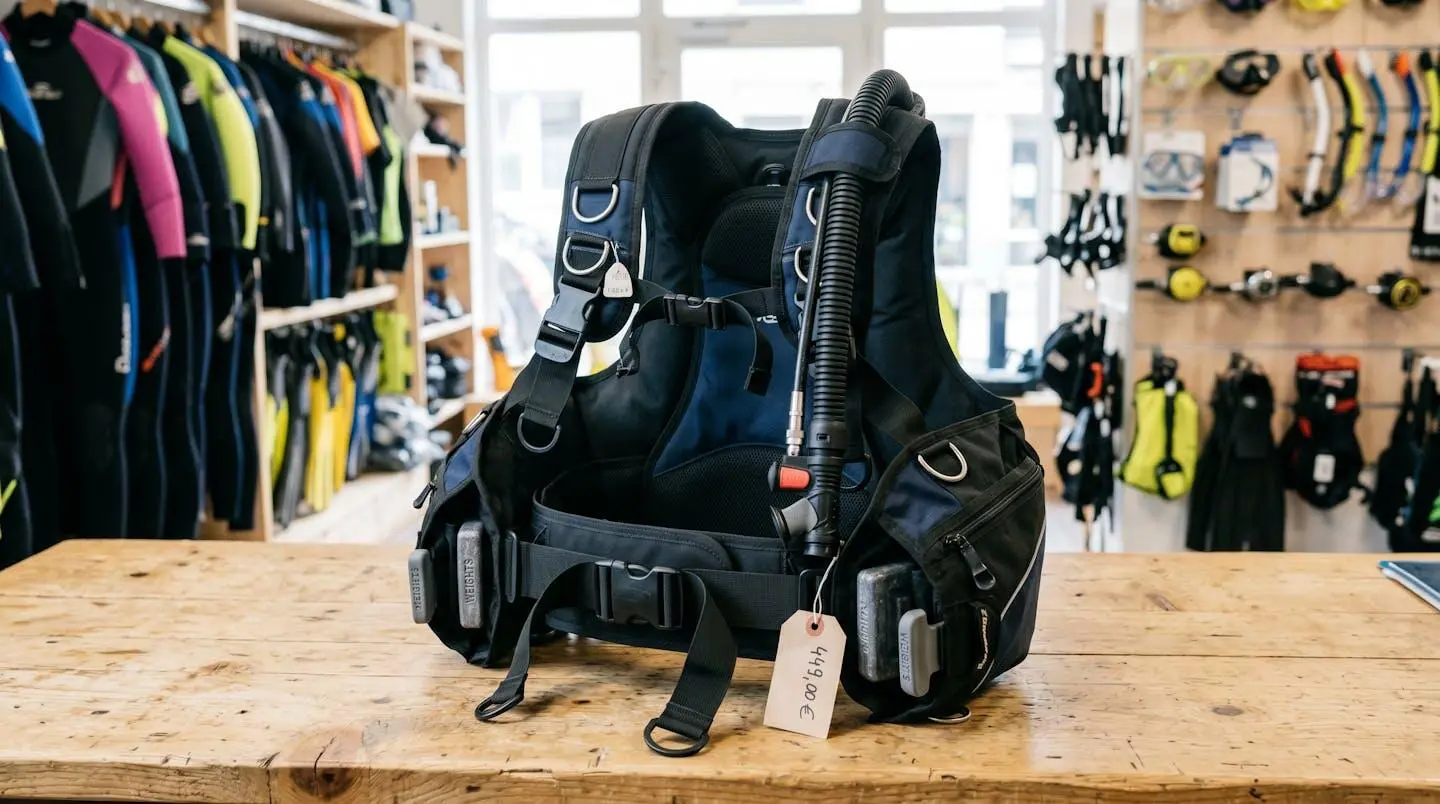 Gilet stabilisateur enveloppant de plongée posé sur un comptoir de magasin spécialisé, montrant inflateur, sangles réglables et système de purge