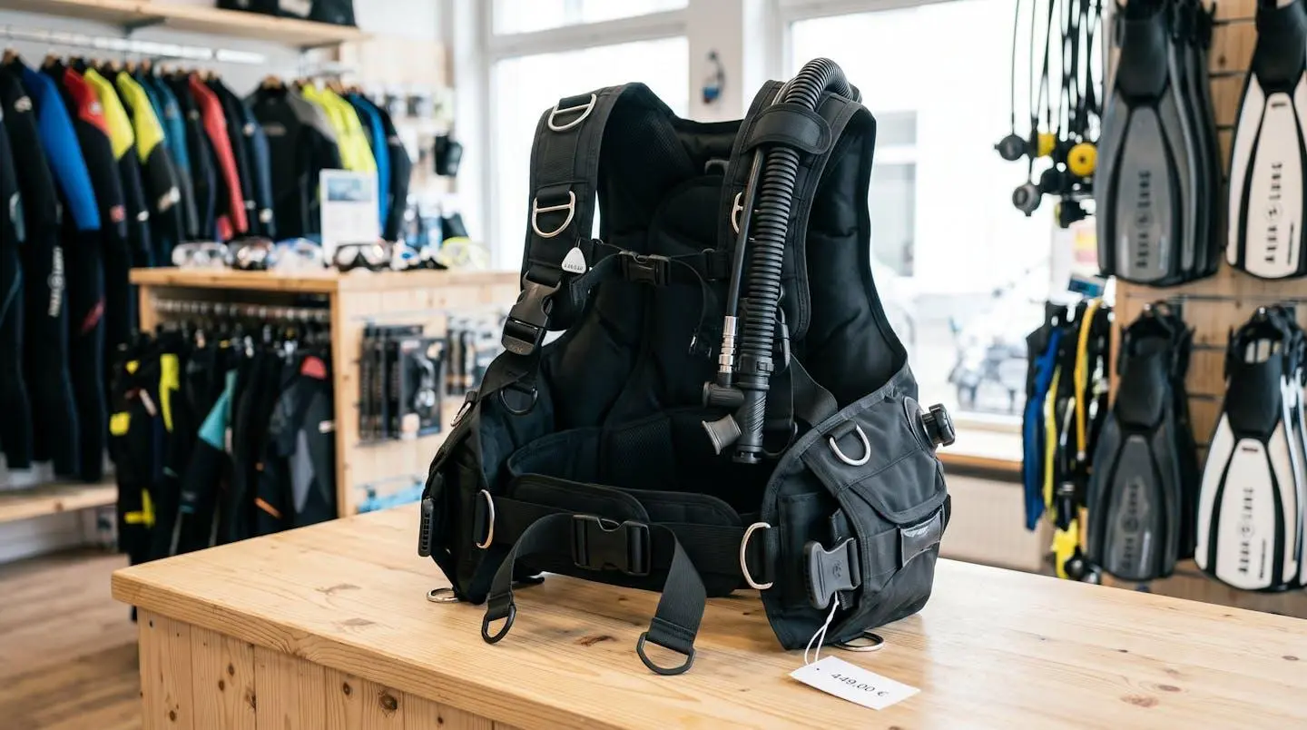 Gilet stabilisateur enveloppant de plongée posé sur un comptoir de magasin spécialisé, montrant inflateur, sangles réglables et système de purge