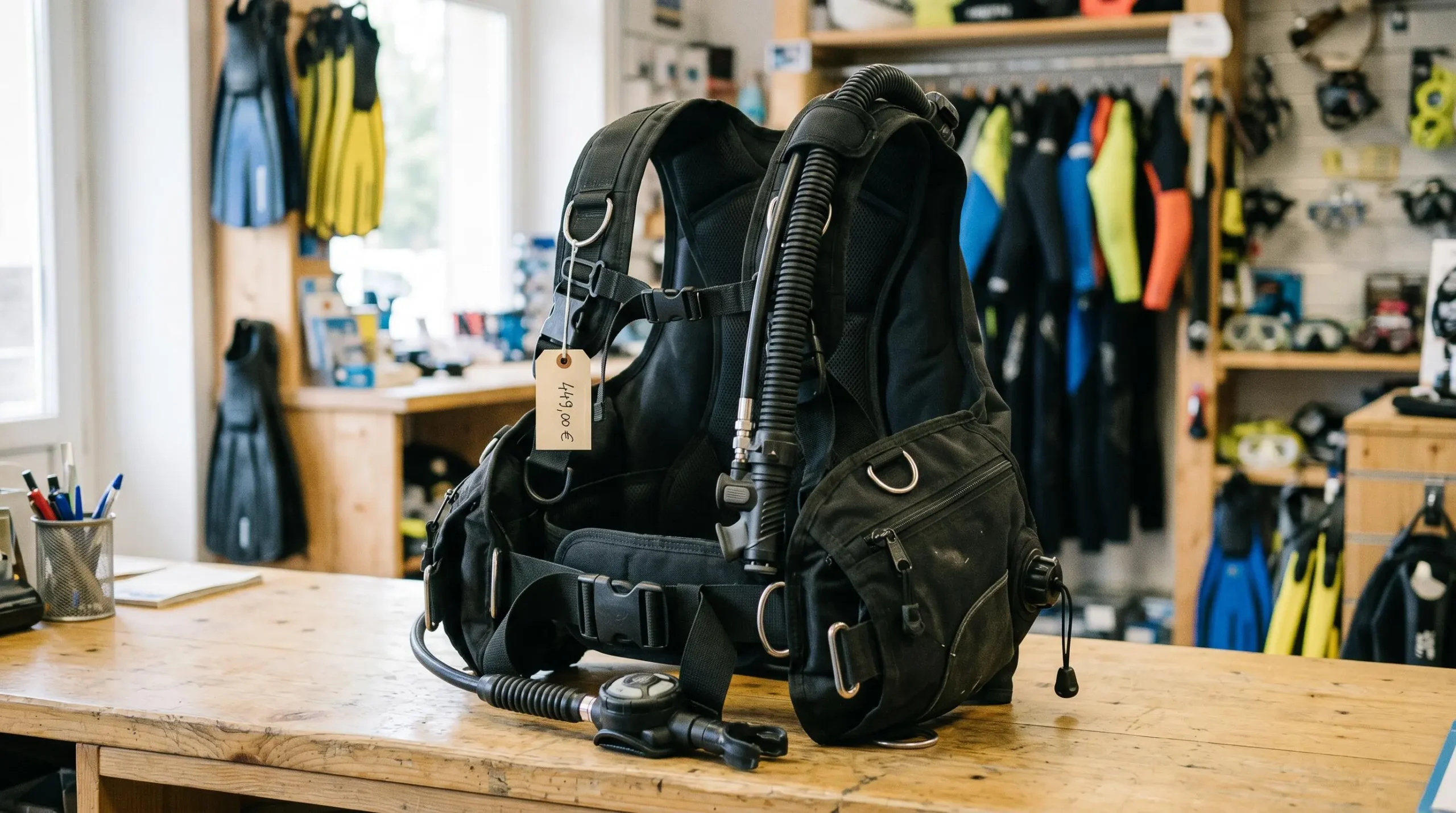 Gilet stabilisateur enveloppant de plongée posé sur un comptoir de magasin spécialisé, montrant inflateur, sangles réglables et système de purge