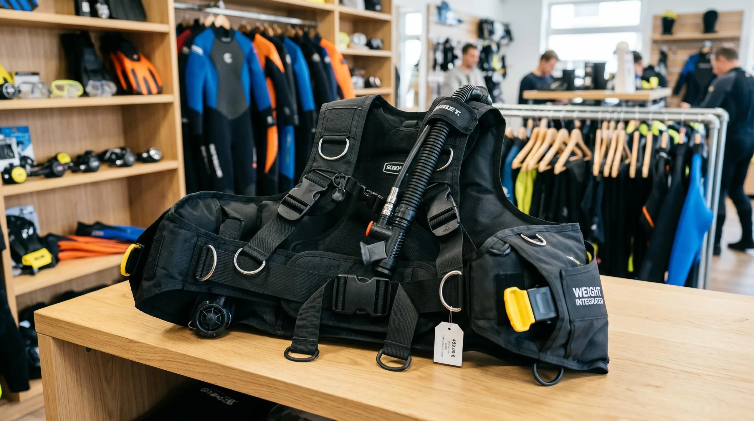 Gilet stabilisateur enveloppant de plongée posé sur un comptoir de magasin spécialisé, montrant inflateur, sangles réglables et système de purge