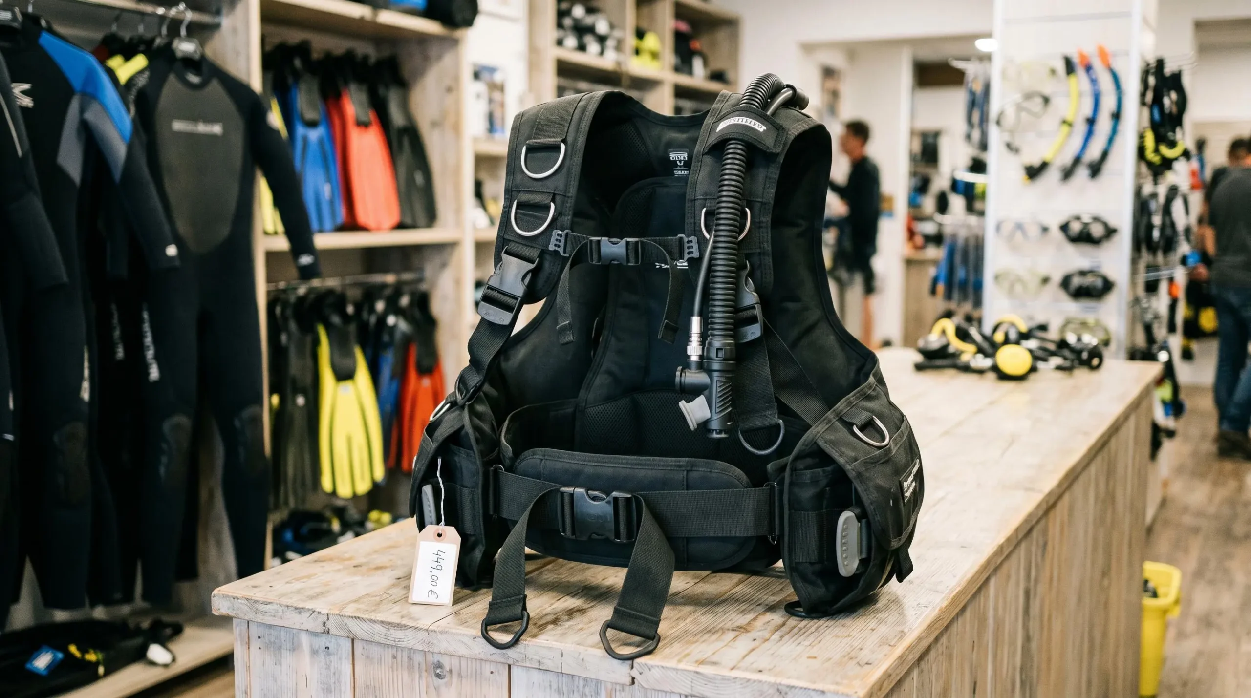 Gilet stabilisateur enveloppant de plongée posé sur un comptoir de magasin spécialisé, montrant inflateur, sangles réglables et système de purge