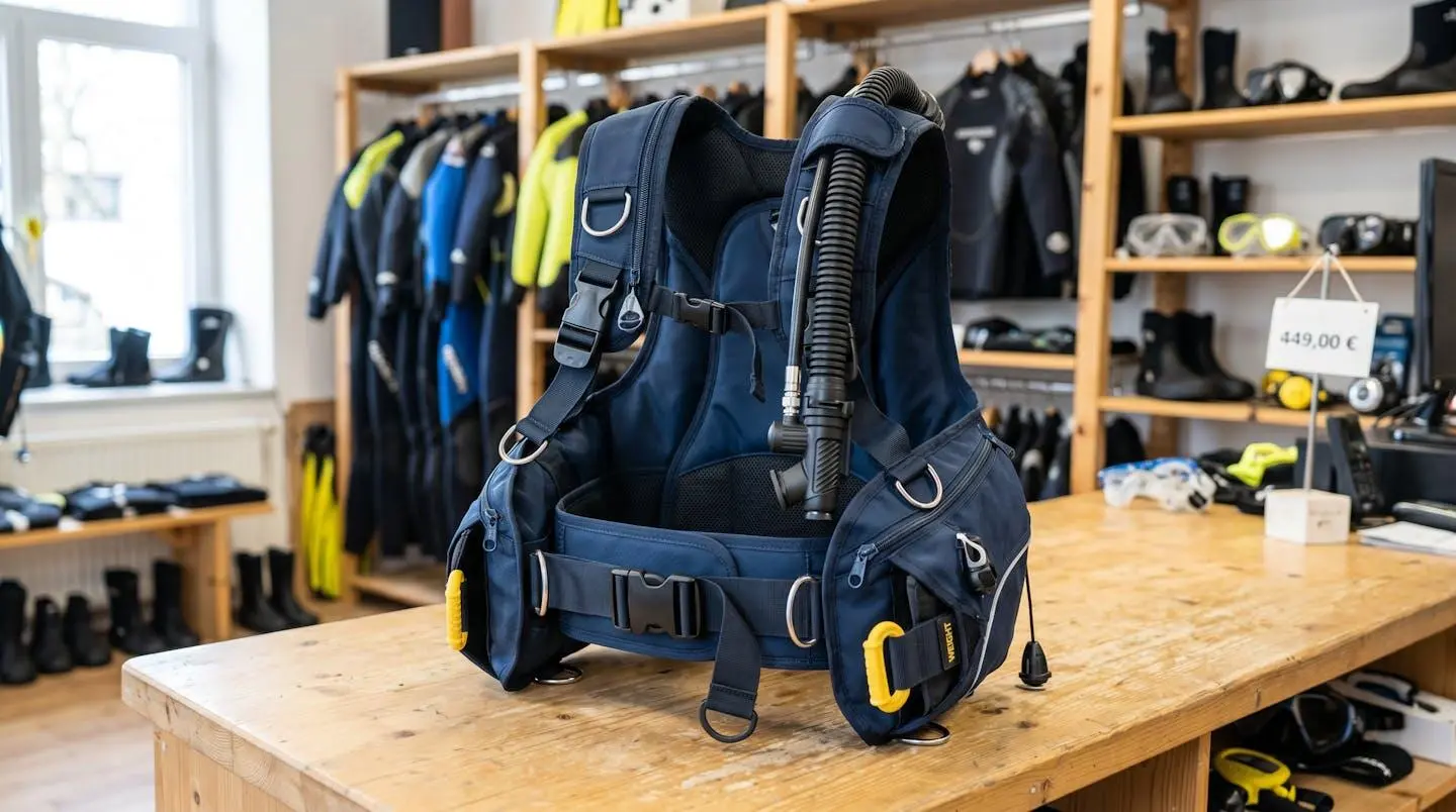 Gilet stabilisateur enveloppant de plongée posé sur un comptoir de magasin spécialisé, montrant inflateur, sangles réglables et système de purge