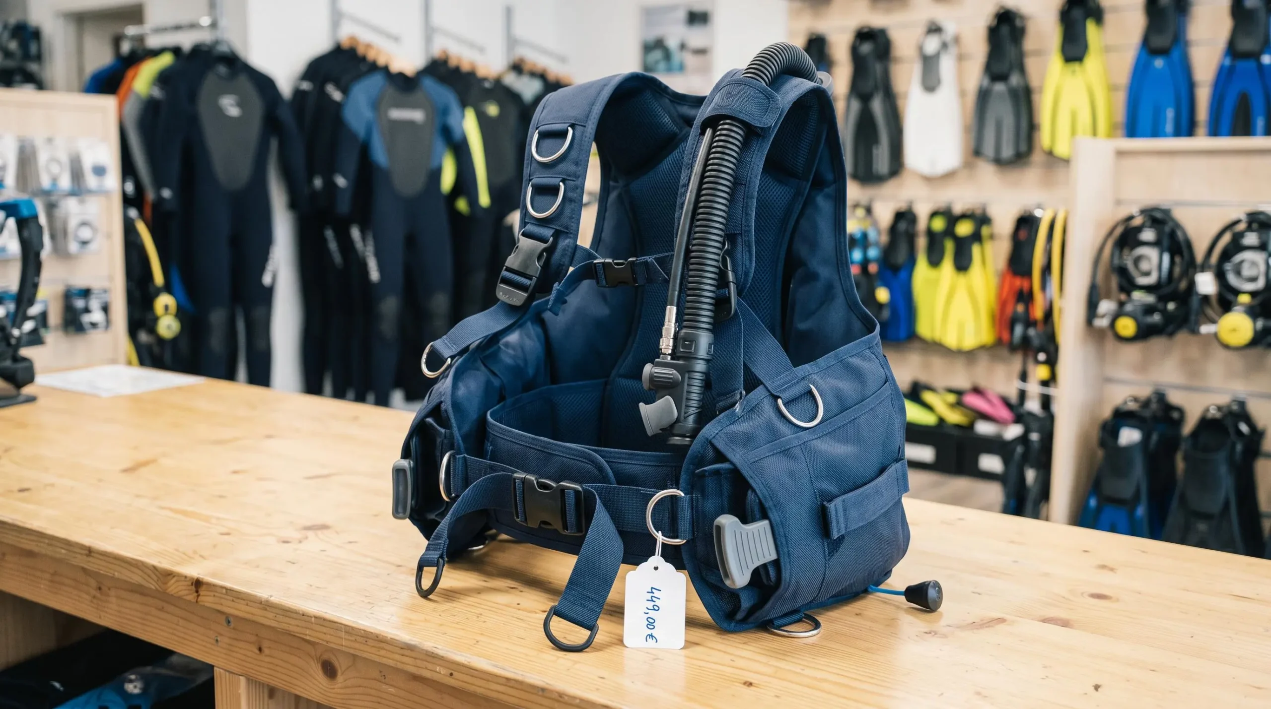 Gilet stabilisateur enveloppant de plongée posé sur un comptoir de magasin spécialisé, montrant inflateur, sangles réglables et système de purge