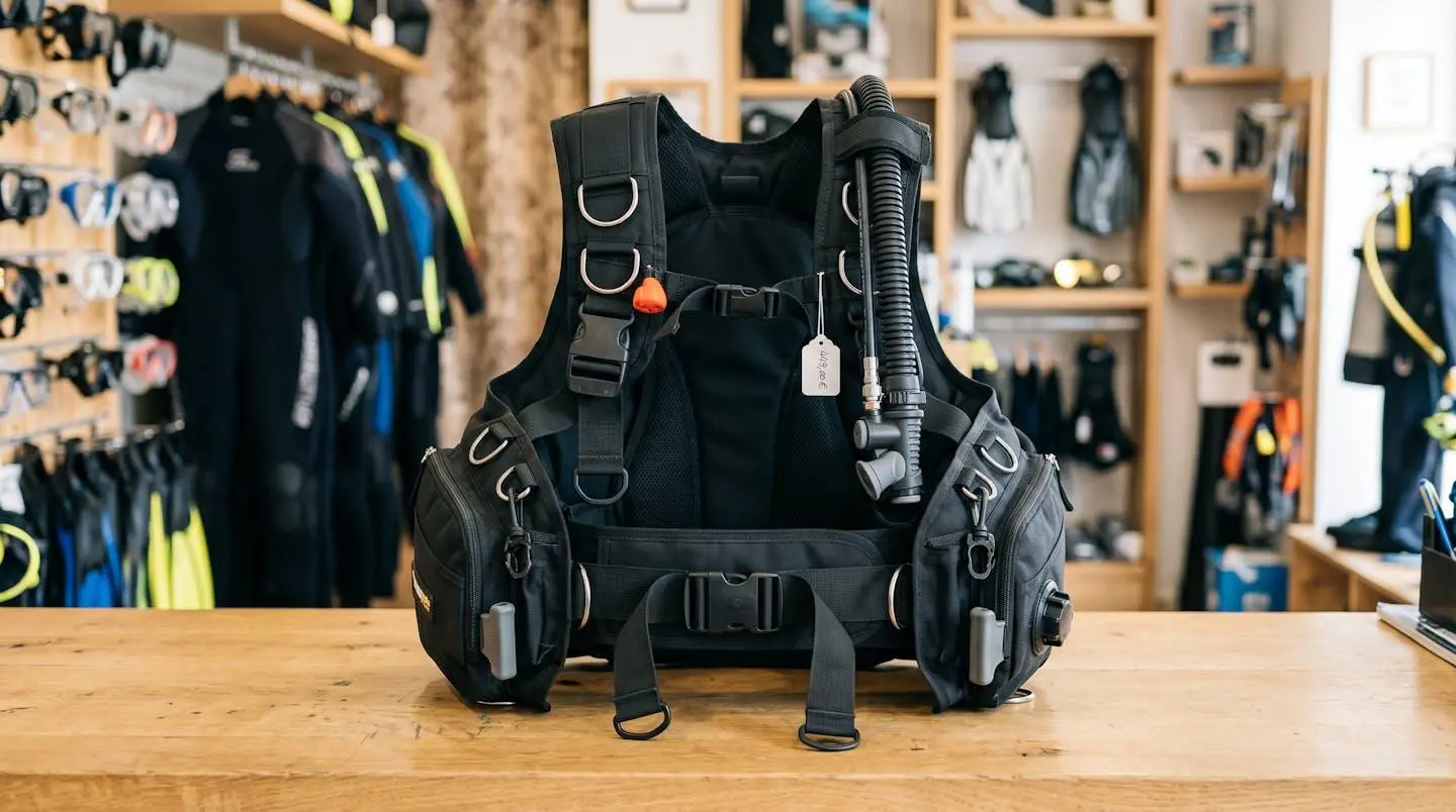 Gilet stabilisateur enveloppant de plongée posé sur un comptoir de magasin spécialisé, montrant inflateur, sangles réglables et système de purge
