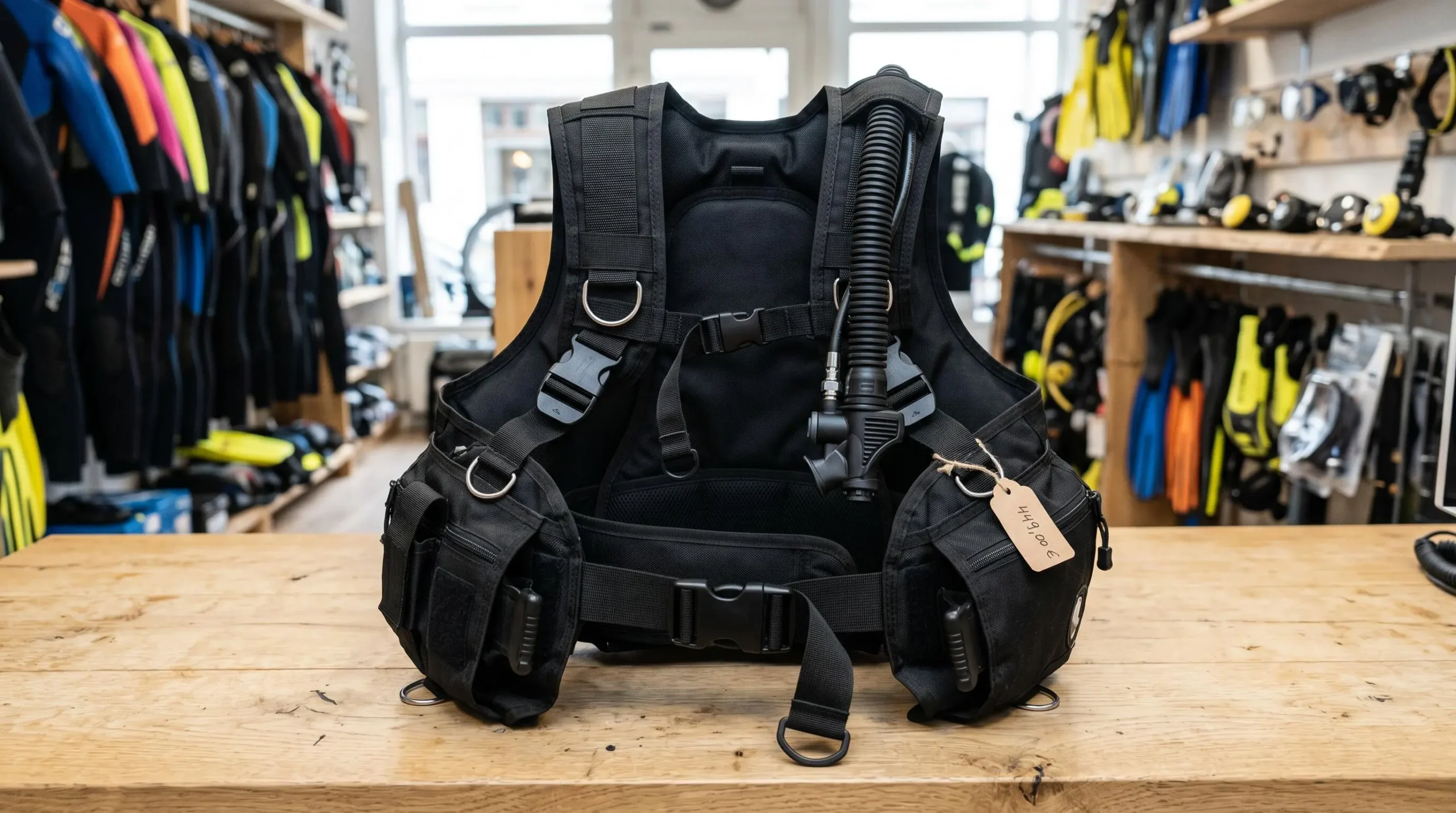 Gilet stabilisateur enveloppant de plongée posé sur un comptoir de magasin spécialisé, montrant inflateur, sangles réglables et système de purge