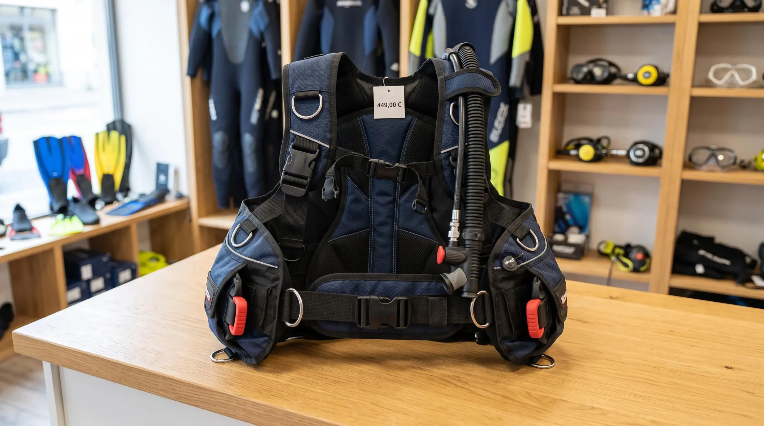 Gilet stabilisateur enveloppant de plongée posé sur un comptoir de magasin spécialisé, montrant inflateur, sangles réglables et système de purge