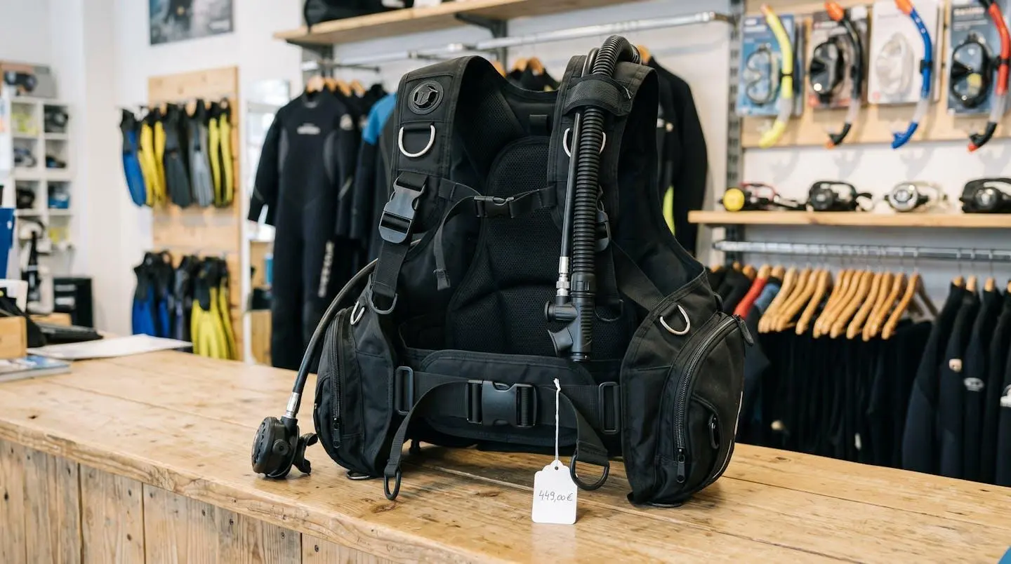 Gilet stabilisateur enveloppant de plongée posé sur un comptoir de magasin spécialisé, montrant inflateur, sangles réglables et système de purge