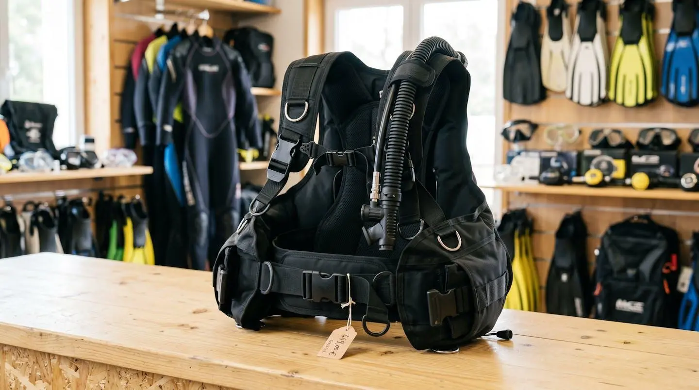 Gilet stabilisateur enveloppant de plongée posé sur un comptoir de magasin spécialisé, montrant inflateur, sangles réglables et système de purge