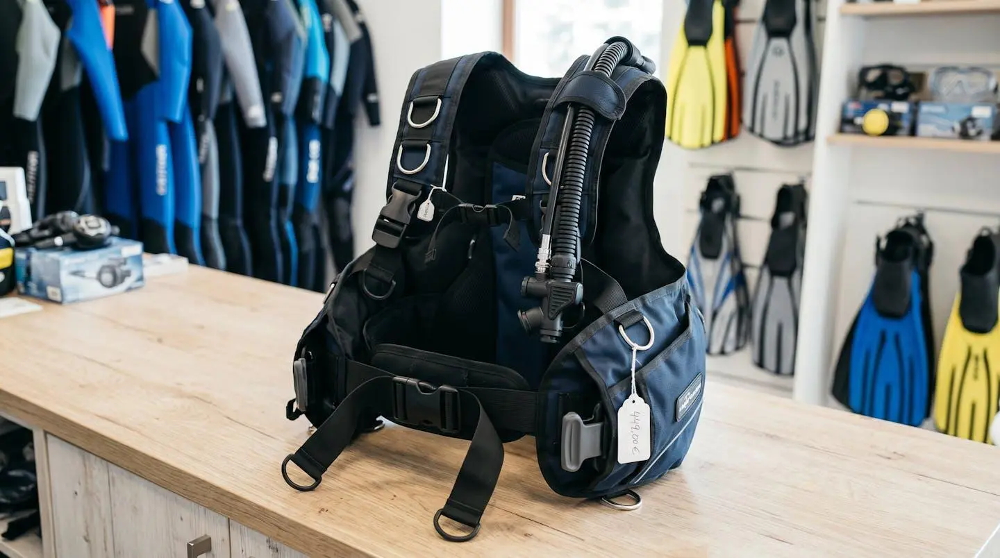 Gilet stabilisateur enveloppant de plongée posé sur un comptoir de magasin spécialisé, montrant inflateur, sangles réglables et système de purge