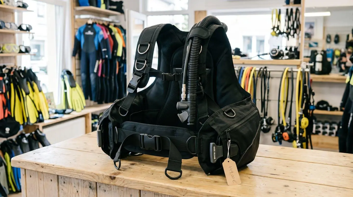 Gilet stabilisateur enveloppant de plongée posé sur un comptoir de magasin spécialisé, montrant inflateur, sangles réglables et système de purge