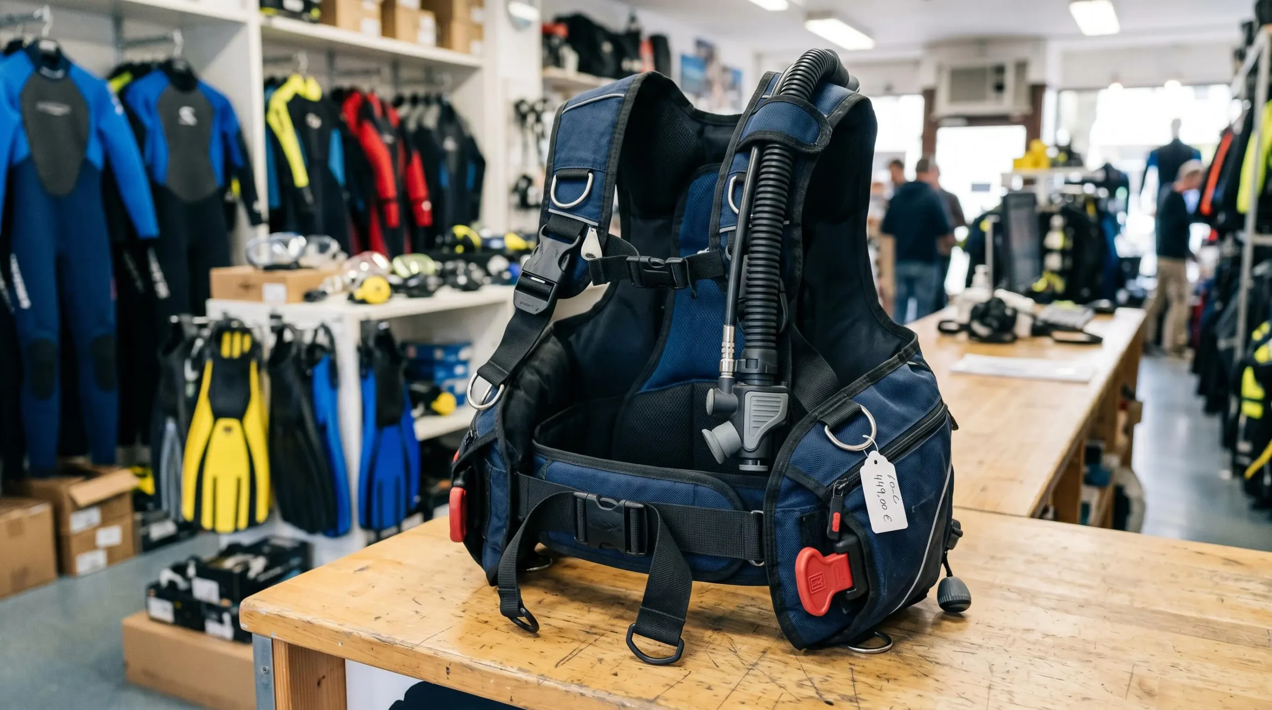 Gilet stabilisateur enveloppant de plongée posé sur un comptoir de magasin spécialisé, montrant inflateur, sangles réglables et système de purge