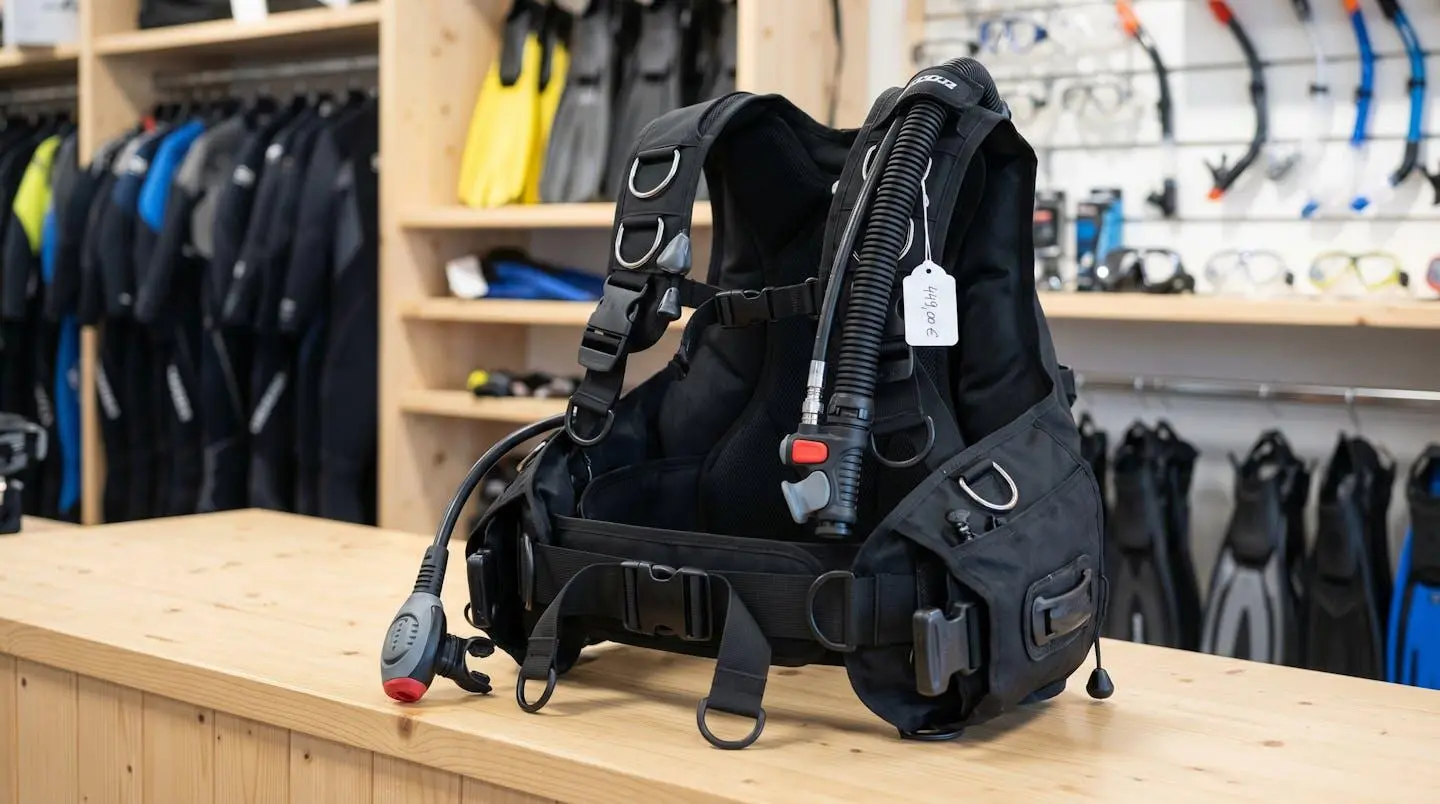 Gilet stabilisateur enveloppant de plongée posé sur un comptoir de magasin spécialisé, montrant inflateur, sangles réglables et système de purge