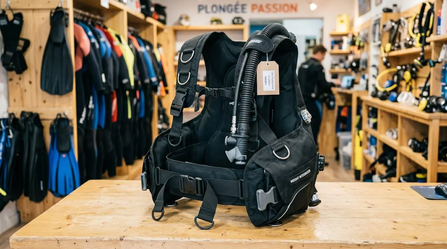 Gilet stabilisateur enveloppant de plongée posé sur un comptoir de magasin spécialisé, montrant inflateur, sangles réglables et système de purge