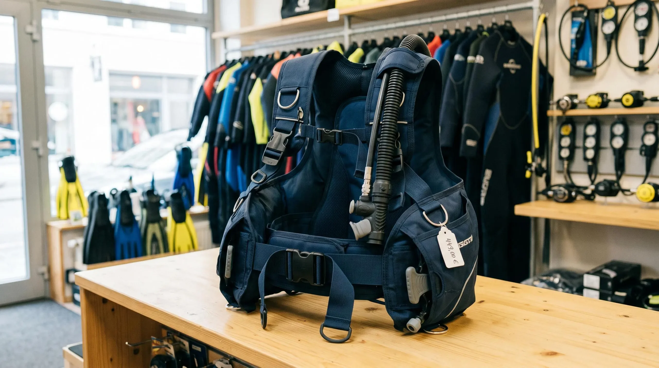 Gilet stabilisateur enveloppant de plongée posé sur un comptoir de magasin spécialisé, montrant inflateur, sangles réglables et système de purge