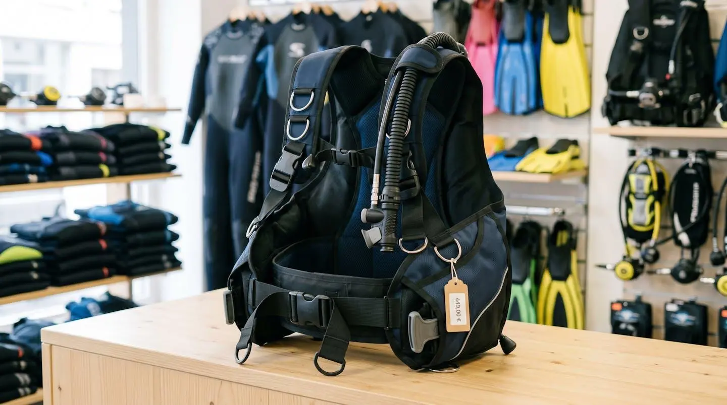 Gilet stabilisateur enveloppant de plongée posé sur un comptoir de magasin spécialisé, montrant inflateur, sangles réglables et système de purge