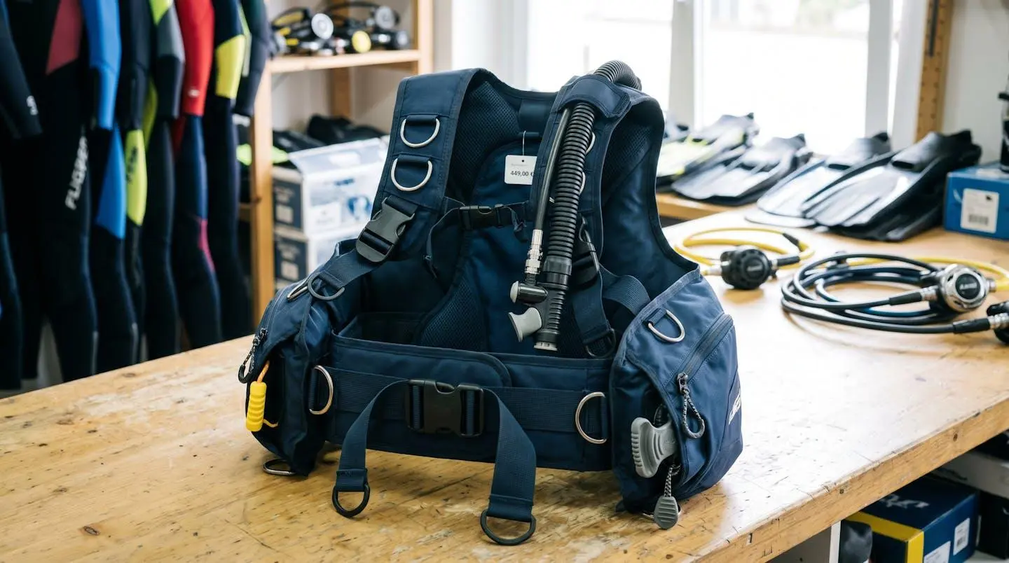 Gilet stabilisateur enveloppant de plongée posé sur un comptoir de magasin spécialisé, montrant inflateur, sangles réglables et système de purge