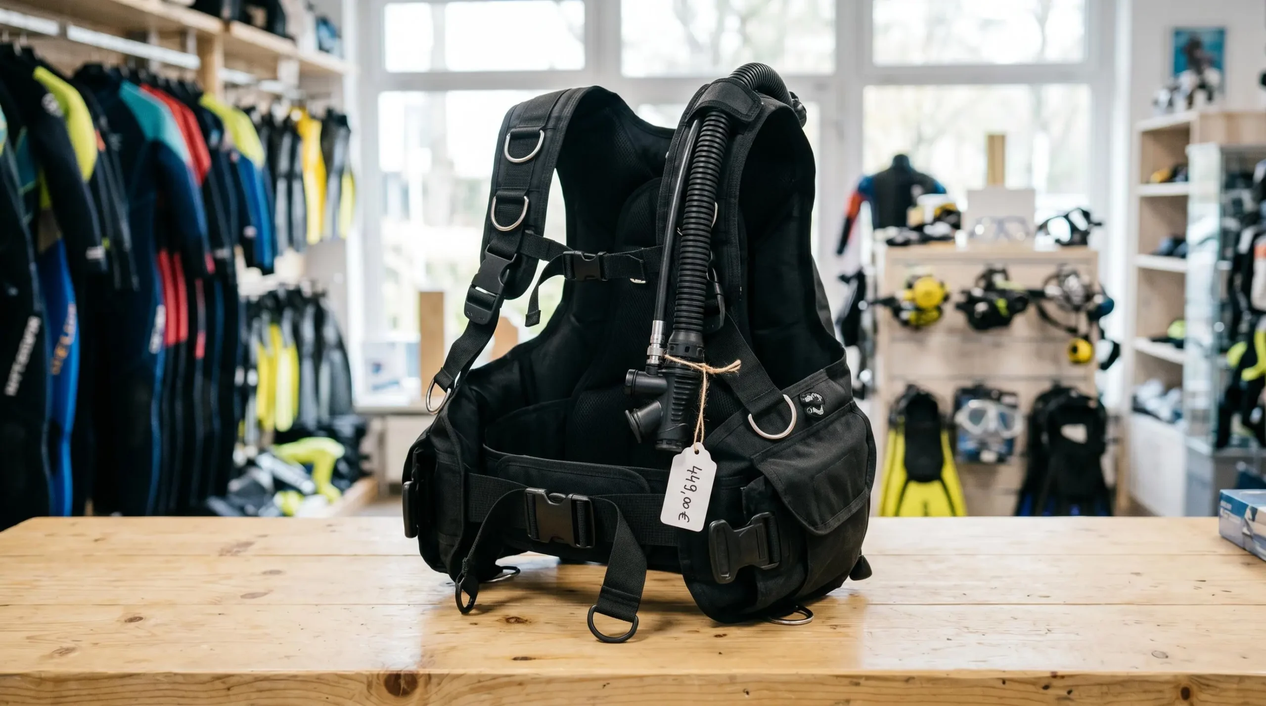 Gilet stabilisateur enveloppant de plongée posé sur un comptoir de magasin spécialisé, montrant inflateur, sangles réglables et système de purge