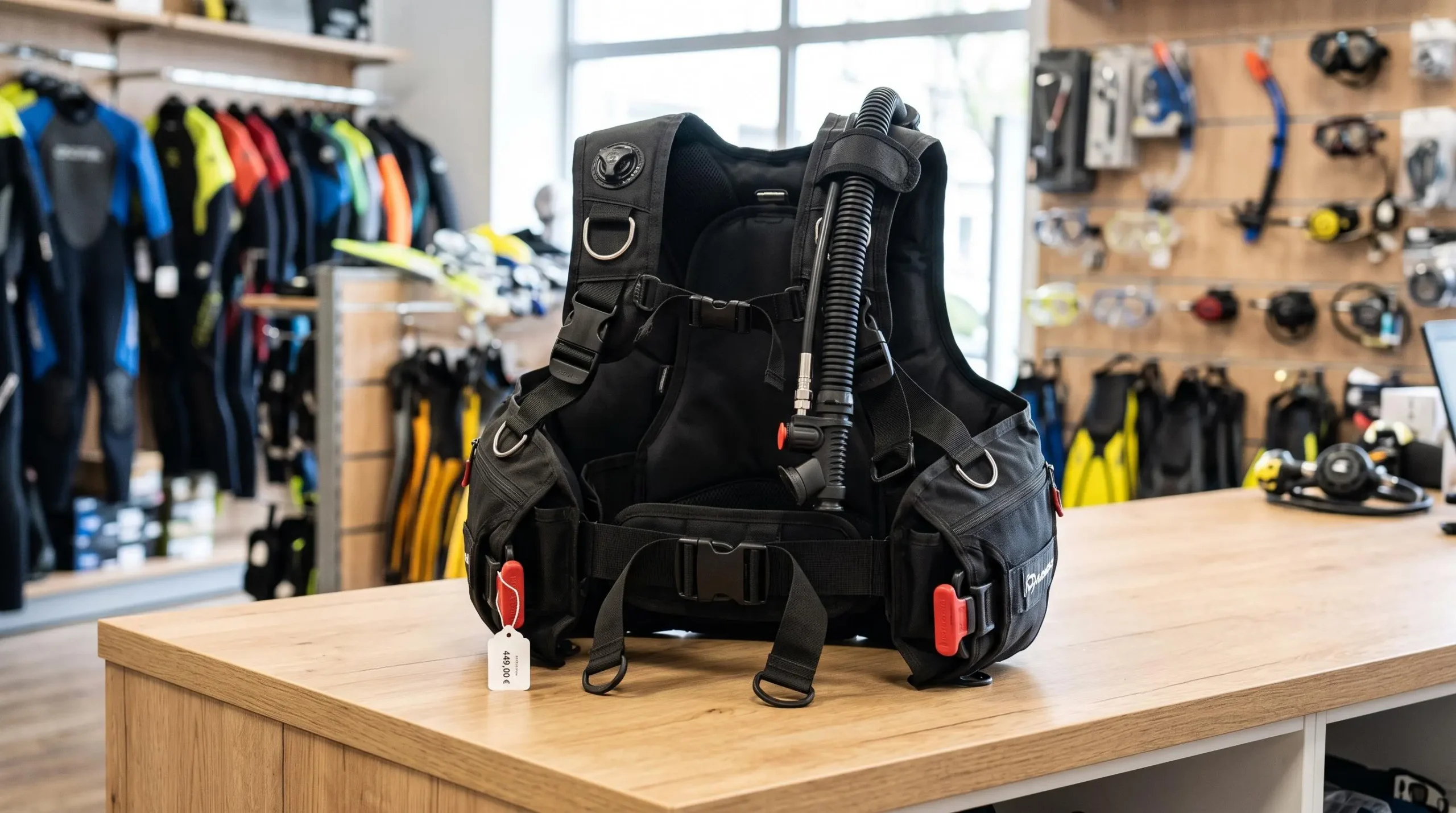 Gilet stabilisateur enveloppant de plongée posé sur un comptoir de magasin spécialisé, montrant inflateur, sangles réglables et système de purge