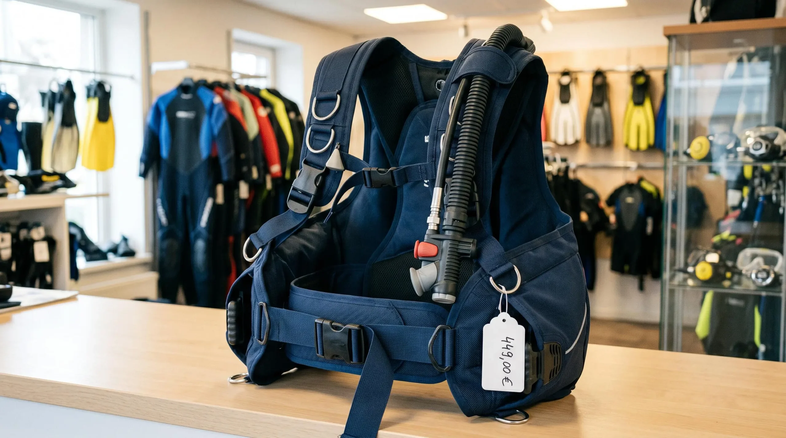 Gilet stabilisateur enveloppant de plongée posé sur un comptoir de magasin spécialisé, montrant inflateur, sangles réglables et système de purge